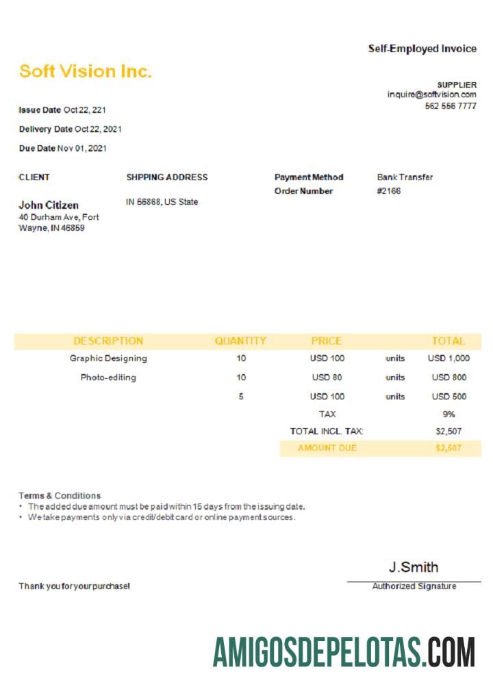 Fatura da USA Soft Vision Inc. exemplo
